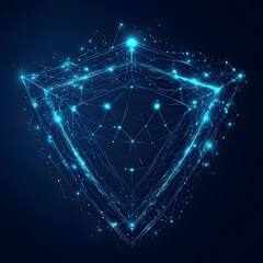 Medical security health shield translucent low poly triangle futuristic glowing surrounded by arrows. On dark blue background. Immunity protection medical innovation concept.