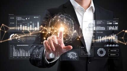 business person interacting with a digital futuristic interface featuring data analytics, charts, financial growth trends, and network connectivity symbols.