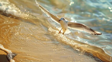 Obraz premium Seagull Soaring Over Water and Sand on a Sunny Day at the Beach