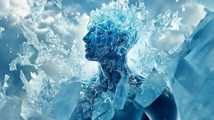 A mesmerizing figure emerges from icy crystals amidst a dramatic cloudy backdrop at twilight