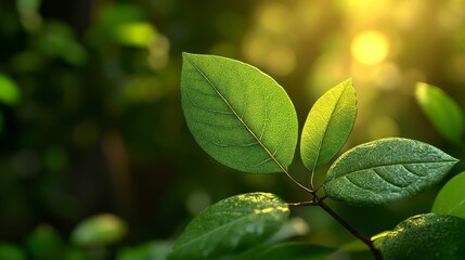 Obraz premium Close-up of vibrant green leaves illuminated by soft sunlight, showcasing nature's beauty and tranquility in a lush environment.