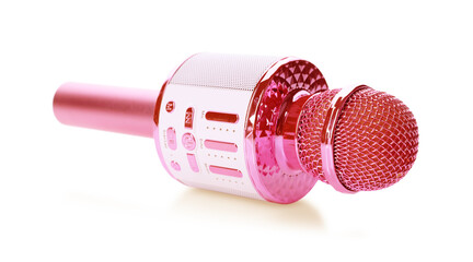 One pink karaoke microphone isolated on white
