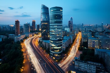 Obraz premium An overview landscape of the metropolis. Beautiful view of modern high-rise buildings. Downtown. The business center of the city.