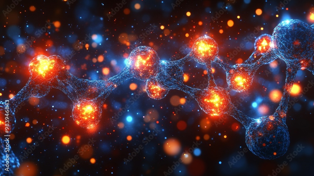 Poster close-up view of molecular structures with glowing particles representing scientific discovery and i