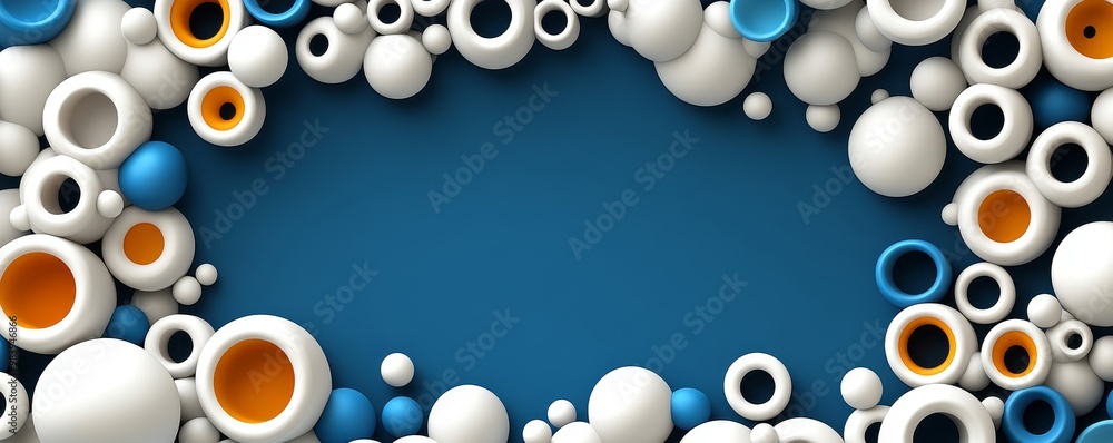 Poster colorful abstract background featuring various circular shapes framing a blue space, perfect for des