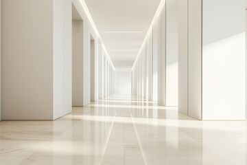 Fototapeta premium High-end hotel hallway, with a cream marble floor and walls, clean lines, minimalist design, symmetrical layout, and natural light from the ceiling lights