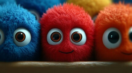 Colorful fluffy characters with big eyes, creating a cheerful and playful atmosphere in a whimsical setting.