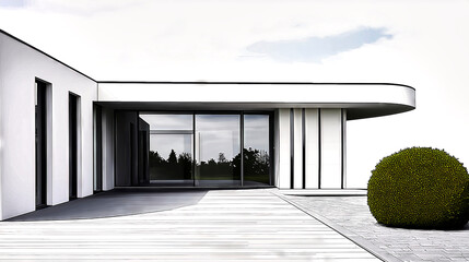 Obraz premium Modern minimalist house exterior with terrace and gravel garden