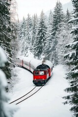 Beautiful retro steam locomotive against the backdrop of a snowy mountain forest landscape with copy space.  Travel, passenger transportation.  Public transport