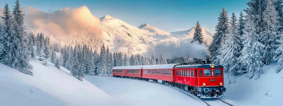 Beautiful retro steam locomotive against the backdrop of a snowy mountain forest landscape with copy space.  Travel, passenger transportation.  Public transport