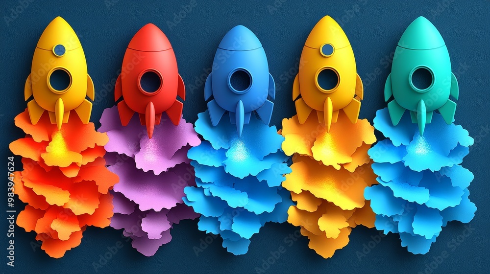 Poster colorful rocket-shaped designs with layered paper clouds create a whimsical and playful aesthetic fo