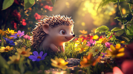 illustration of a cute baby hedgehog playing in a sunlit garden with colorful flowers