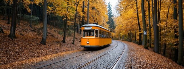 A beautiful retro tram against the backdrop of a forest autumn landscape. Park in autumn. Urban passenger transportation. Public transport