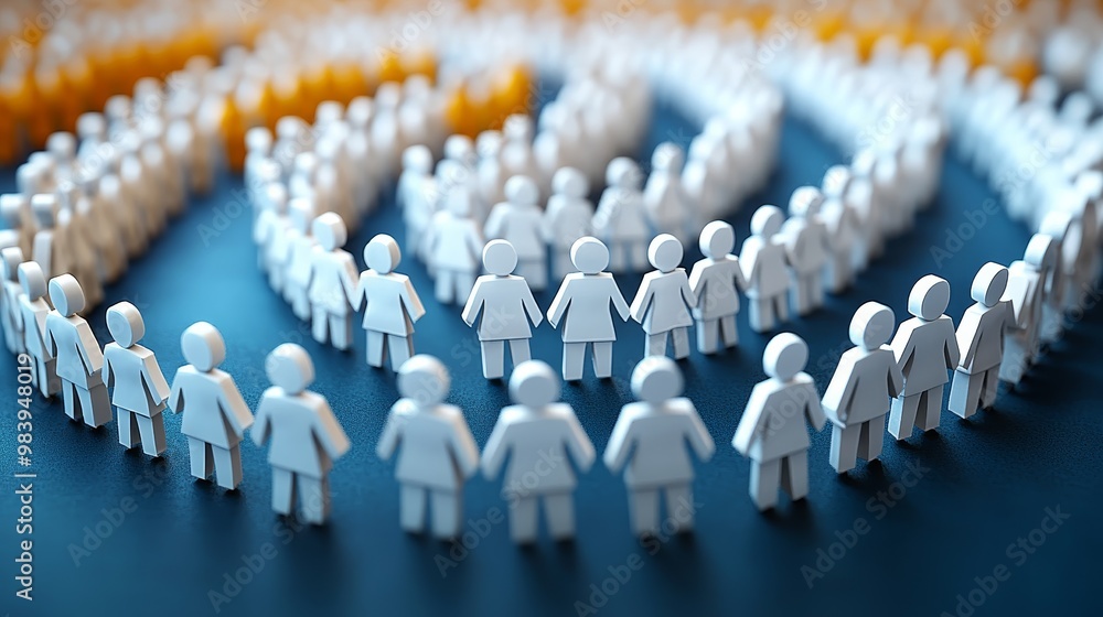 Poster creative arrangement of miniature figures forming a spiral pattern, symbolizing unity and collaborat