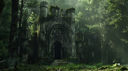 Fototapeta premium The discarded castle and a massive marble entrance doorway in a woodland