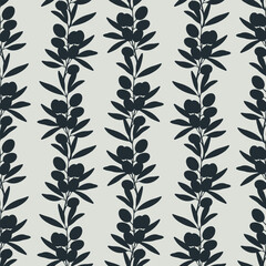 Olives ornament pattern, silhouette branch with fruits and leaves. Vector illustration