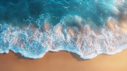 Obraz premium abstract sand beach from above with light blue transparent water wave and sun lights, summer vacation background concept banner with copy space 