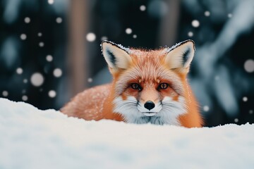 Fototapeta premium Fox against the background of a winter snowy landscape. Winter forest. Wildlife
