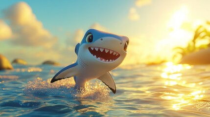 illustration of a cute baby hammerhead shark in a bright, clear ocean with golden hour lighting