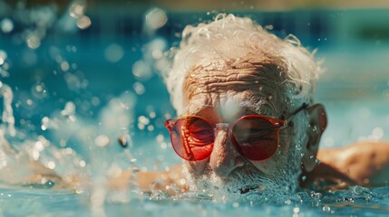 Fototapeta premium Elderly man swimming happily in a pool, showcasing joy and vitality with splashes and bright red sunglasses.