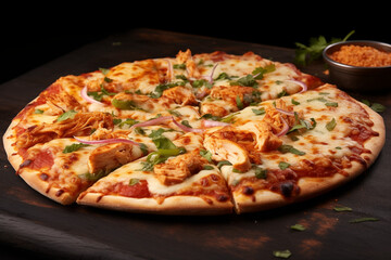 chicken tikka pizza on a wooden board, topped with grilled chicken pieces, fresh cilantro, and tikka sauce. 