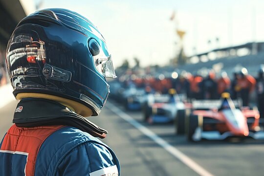 Race car driver wearing a blue helmet and racing suit is standing on the track with cars lined up behind him, preparing for the start of a race