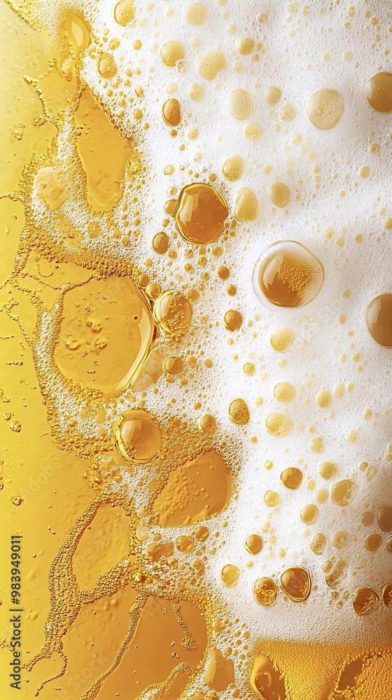 Poster golden beer is fizzing, creating a thick white head of foam and bubbles in this close-up shot. this 