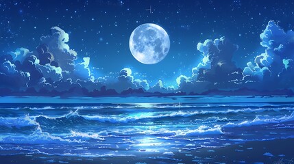 Beautiful Blue Skies with Nature, Moon ,Cloud ,Beach scenery, Tree, night -Anime concept Background