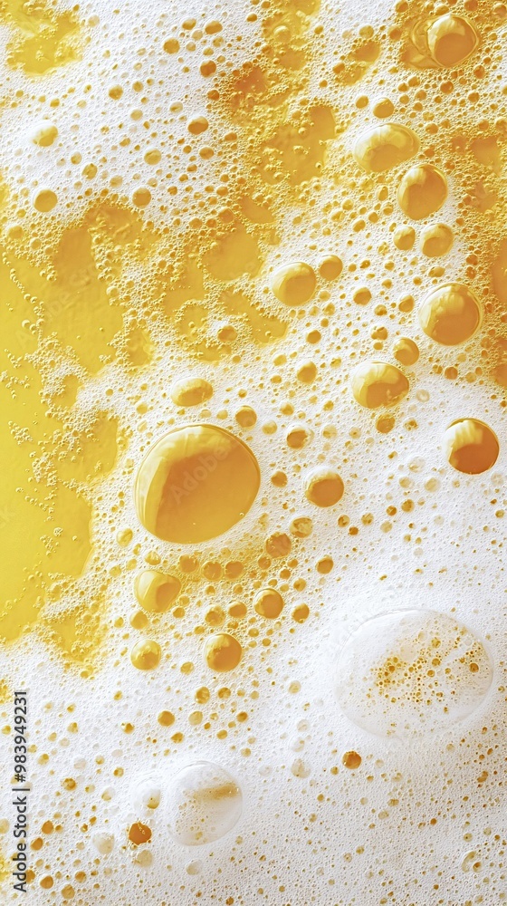 Poster golden liquid is forming a textured surface with bubbles of different sizes and white foam. the imag