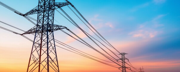 Landscape with view of power line against sky background. Electricity transmission. Power transmission tower