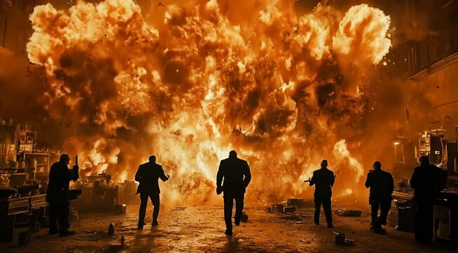 Silhouettes of mafia family walking on road the face bomb explosion, fire in the distance