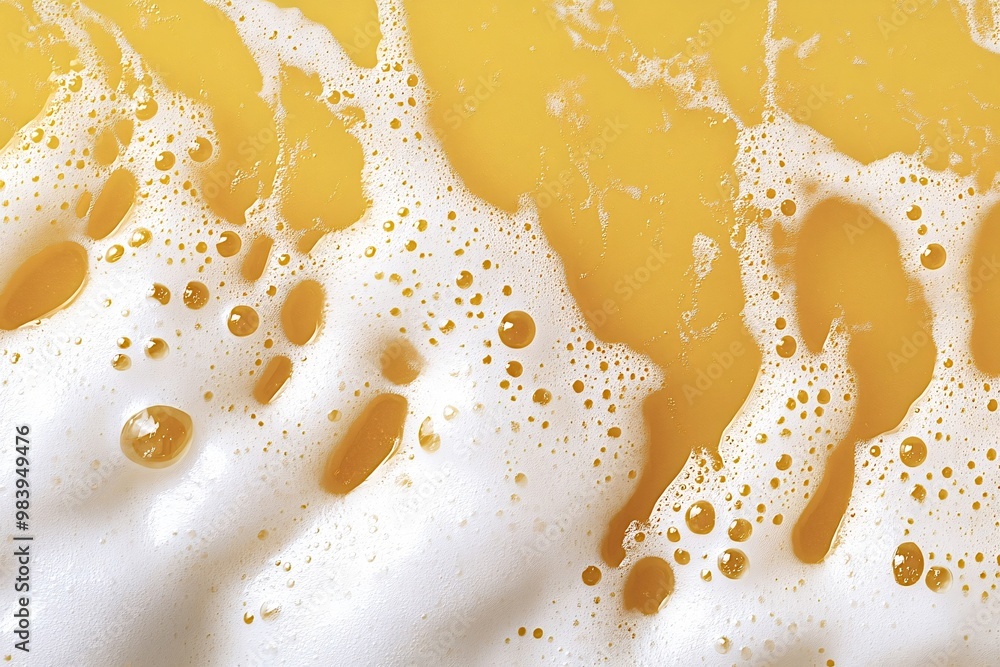 Poster close up view of white foam forming bubbles on a yellow liquid surface, creating an abstract pattern