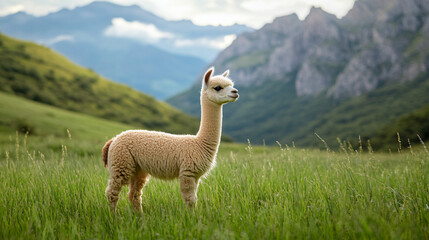 Fototapeta premium cute alpaca in green grass field with mountain background