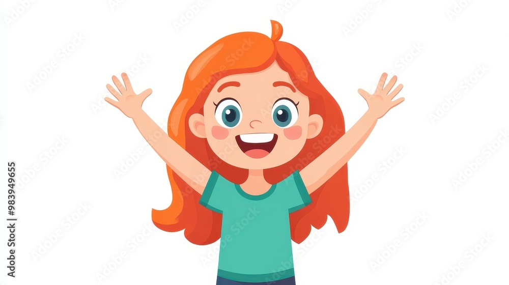 Poster a vibrant redhead joyfully celebrates with arms raised, captured in a modern flat design on a clean 