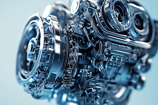 Powerful car engine is running with all its shiny steel gears and pistons moving smoothly, generating power and speed