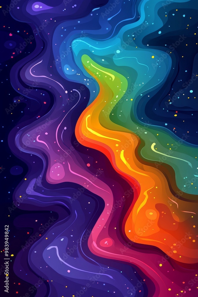 Poster colorful abstract waves of light flow through a deep space background filled with stars