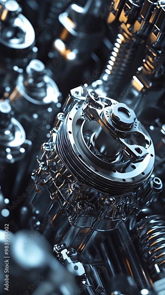 Poster intricate arrangement of metallic components, gears, and mechanisms, showcasing the complexity and p