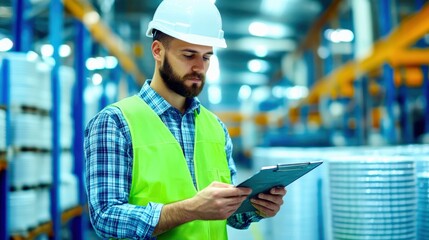 Worker in safety gear using tablet in warehouse, focused on inventory management.