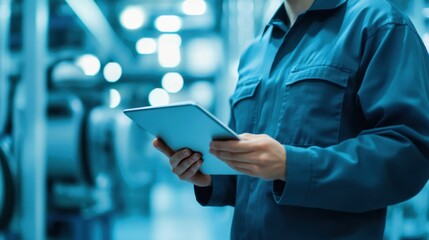 Worker using tablet in industrial environment, blurred machinery in background.