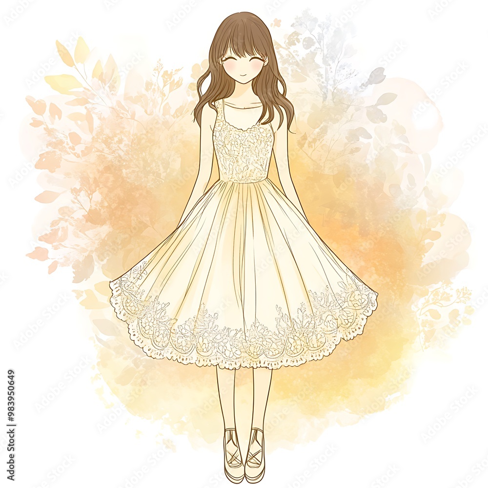 Wall mural Smiling Anime Girl in White Dress and Watercolor Background.