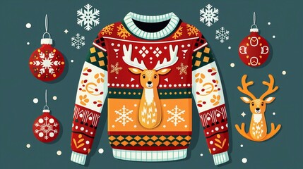 National Ugly Christmas Sweater Day, Idea for poster, banner, flyer or postcard. Warm knitted jumpers with snowflake, snowman, Santa, candy cane and deer designs. Isolated Wall stickers. Gretting card