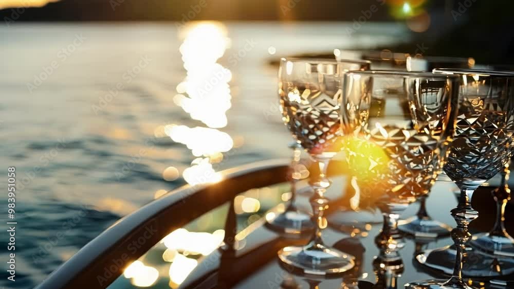 Poster empty crystal glasses are sparkling on a table set up on a private jet, with the sun setting over th