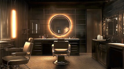 Empty barbershop interior with black leather chairs, dark tile walls, and warm lighting, creating a luxurious and masculine atmosphere