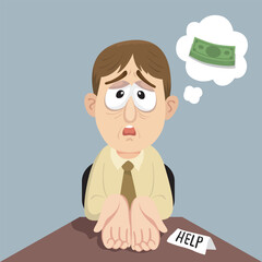 Businessman begs for money. Flat, Vector, Illustration, Cartoon, EPS10.   