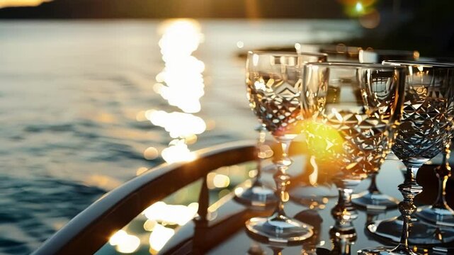 Empty crystal glasses are sparkling on a table set up on a private jet, with the sun setting over the water in the background