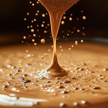 Rich, glossy chocolate pouring into a puddle with intriguing texture and splashes, perfect for dessert and culinary inspirations.