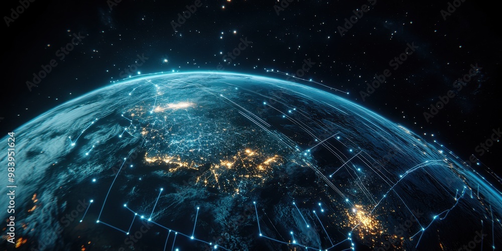 Poster Generate a futuristic image of Earth from space, showing a digital network of glowing lines