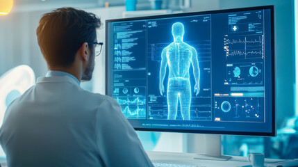 Fototapeta premium Doctor analysis the test result from MRI Scanner on computer. Medical report about health of patient on screen, data of analysis. Telemedicine. Computer scan of man. Full body check up. clinic