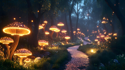 A whimsical forest where trees grow into spiral shapes, with luminescent mushrooms lining the winding paths and glowing in the dark.