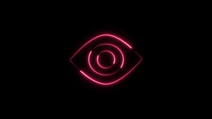 Human eye icon neon glowing magenta red color 4k illustration. open eyes black background 4k illustration.